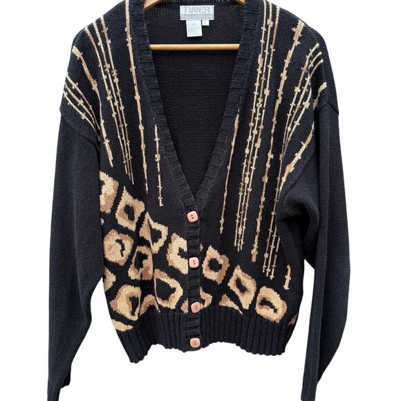 Vintage 90s Tanner Collection Black and Tan cardigan sweater Size Large - Picture 1 of 4